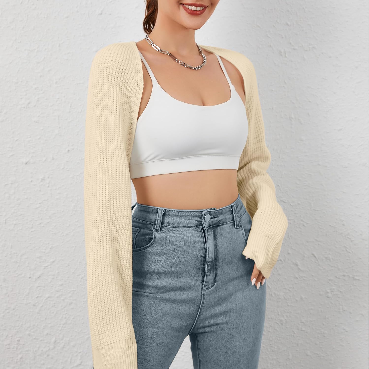Women Open Front Ribbed Knit Crop Bolero Drop Shoulder Long Sleeve Solid Loose Fit Knitted Crop Cardigan Shrug