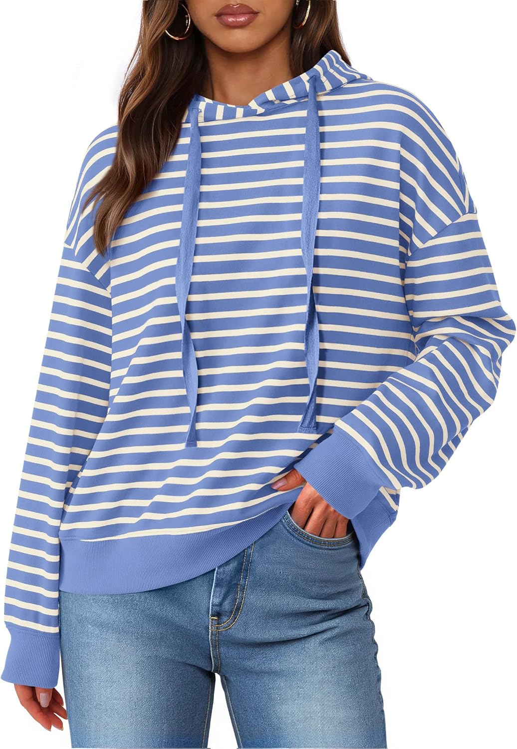 KIRUNDO Womens Hoodies Long Sleeve Striped Drawstring Sweatshirt Loose Fit Hooded Pullover Tops Fall Winter Clothing