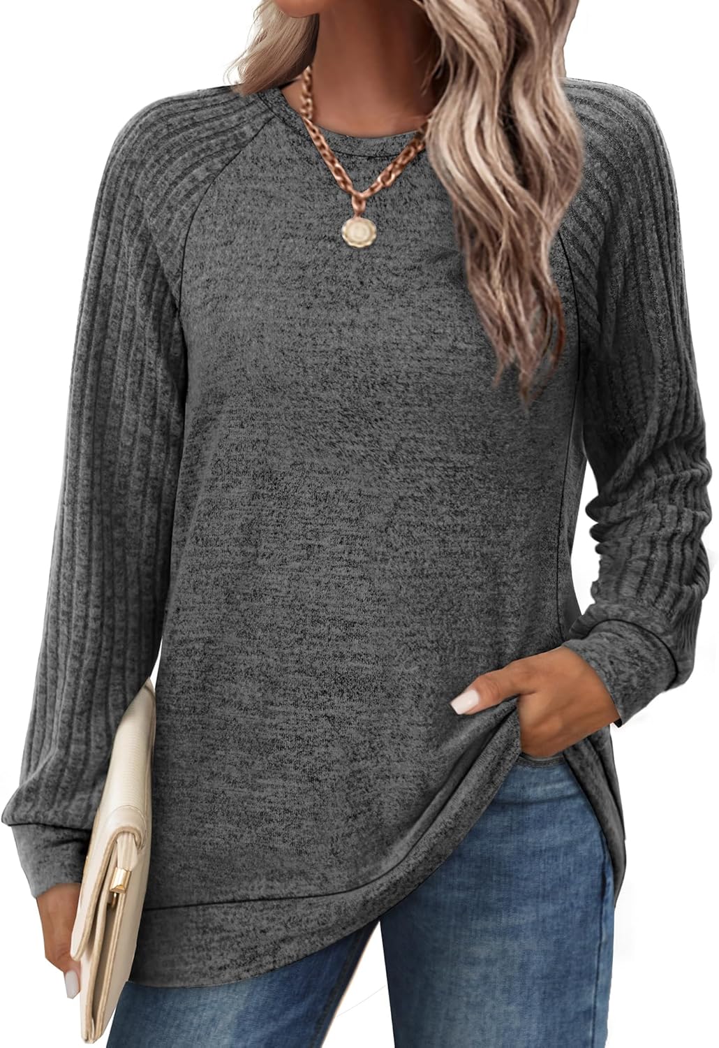 Saloogoe Tunic Sweatshirts for Women Crewneck Lightweight Sweaters Raglan Long Sleeve Shirts Fall Fashion Tops 2025