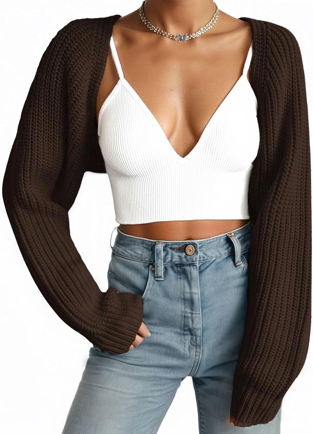 Women Open Front Ribbed Knit Crop Bolero Drop Shoulder Long Sleeve Solid Loose Fit Knitted Crop Cardigan Shrug