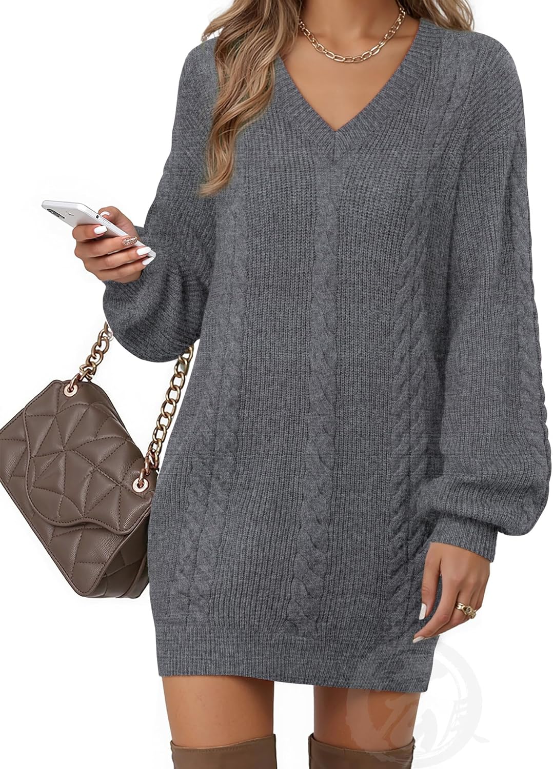 Women's Pullovers Jumper Sweaters Lantern Sleeve Casual V Neck Fall Knit Mini Sweater Dresses