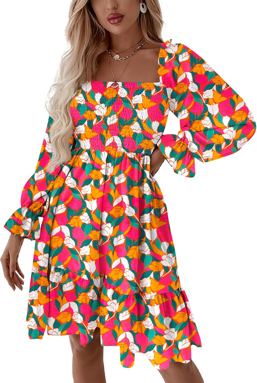 LYANER Women's Square Neck Lantern Long Sleeve Ruffle Shirred Flowy Party Mini Dress