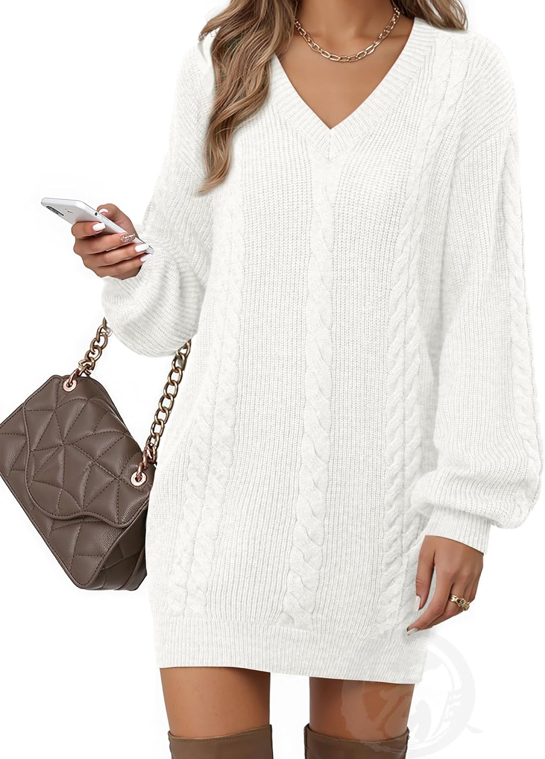Women's Pullovers Jumper Sweaters Lantern Sleeve Casual V Neck Fall Knit Mini Sweater Dresses