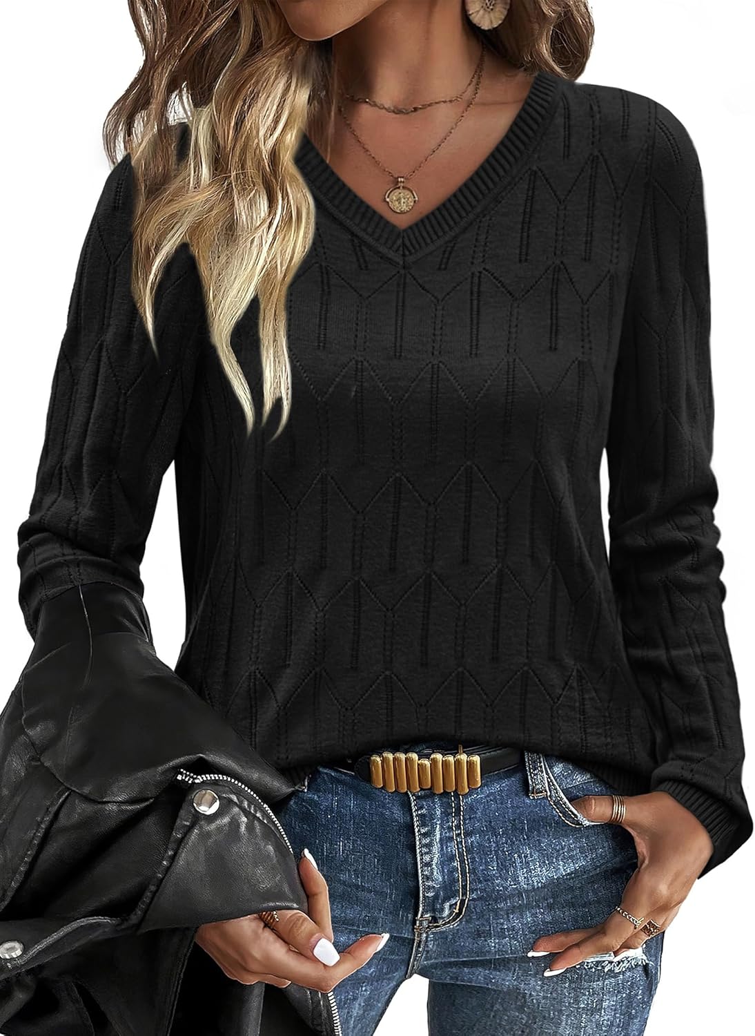 OFEEFAN Womens Sweaters Long Sleeve Shirts Fall Outfits 2025 V Neck Soft Knit Pullover Trendy Tops Dressy Casual Blouses