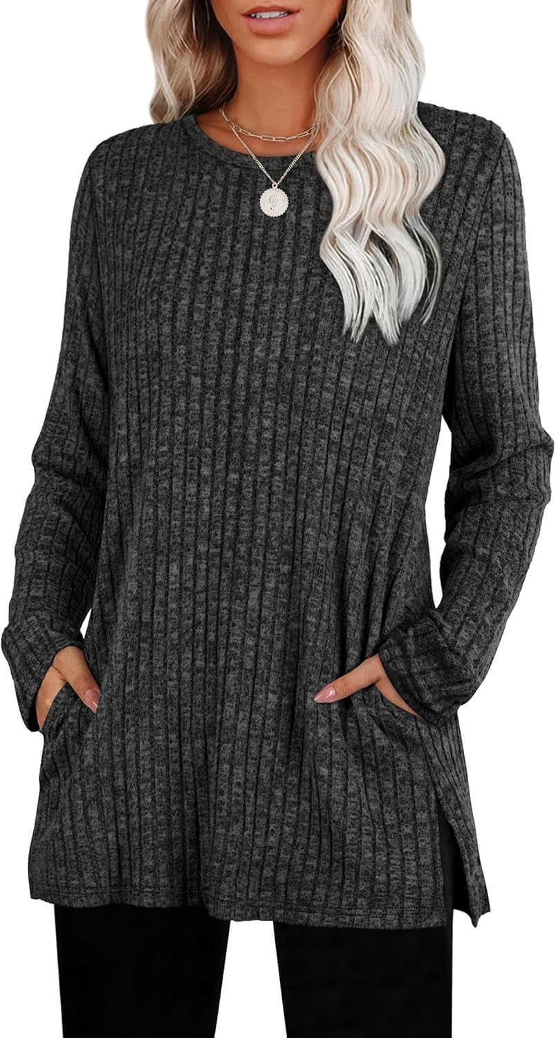 SAMPEEL Womens Sweaters Crewneck Long Sleeve Shirts with Pockets Fall Outfits 2025 Fashion Winter Clothing Side Slit