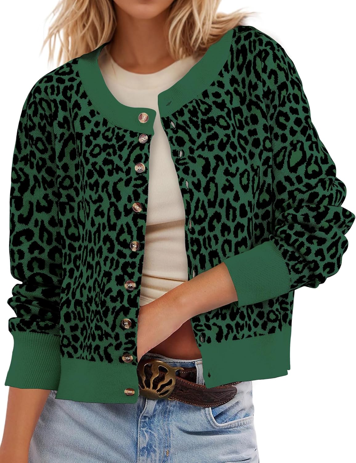 Leopard Cardigan Open Front Button Up Sweaters for Women Long Sleeve Shrug Cheetah Print Top Cropped Cardigan Jackets