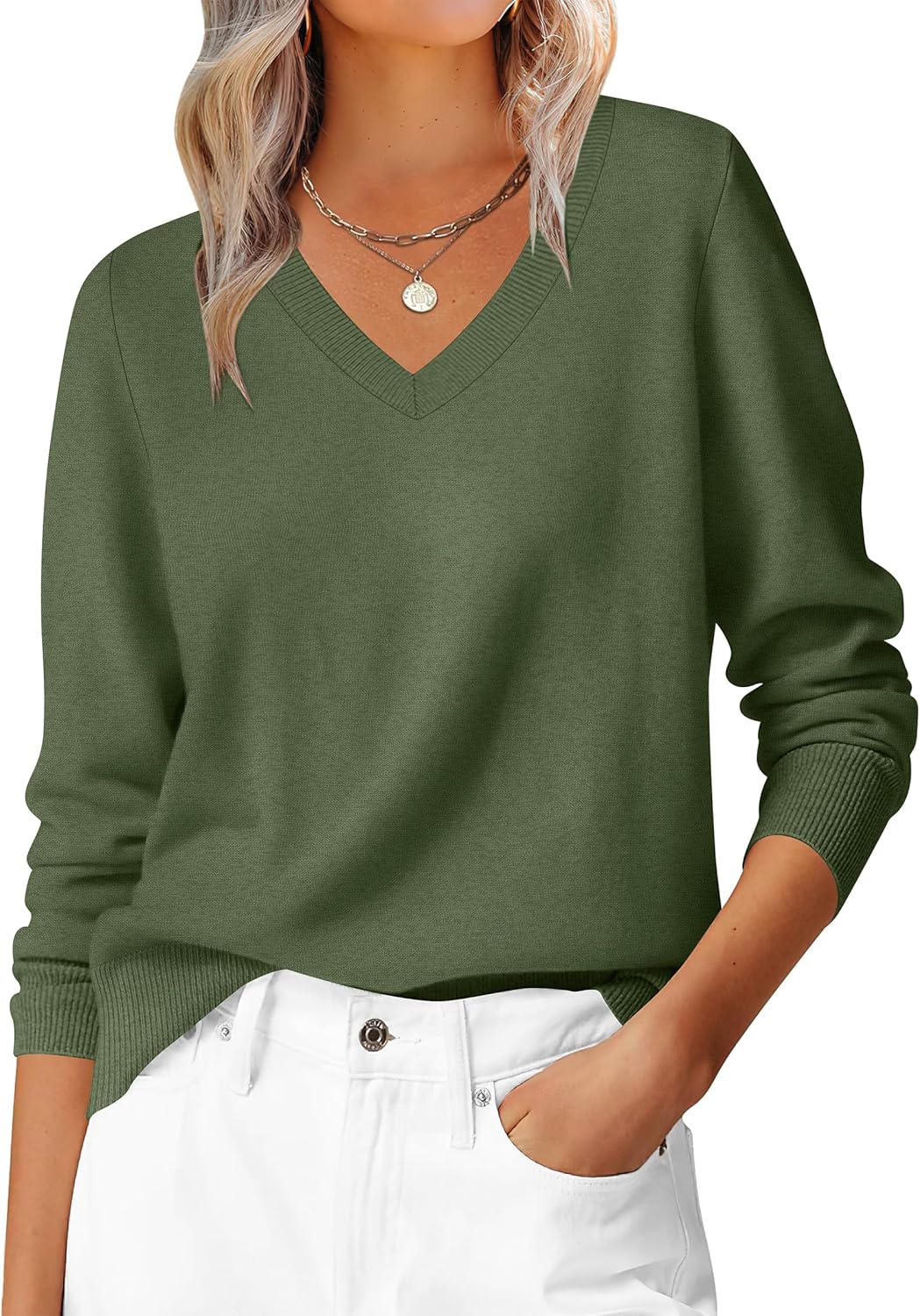 ANRABESS Womens Long Sleeve V Neck Sweaters 2025 Fall Casual Classic Soft Loose Fit Basic Pullover Jumper Top