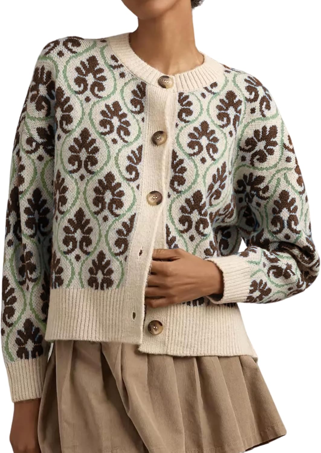 Women Floral Cardigan Sweater Open Front Long Sleeve Button Down Knit Sweater Vintage Outerwear