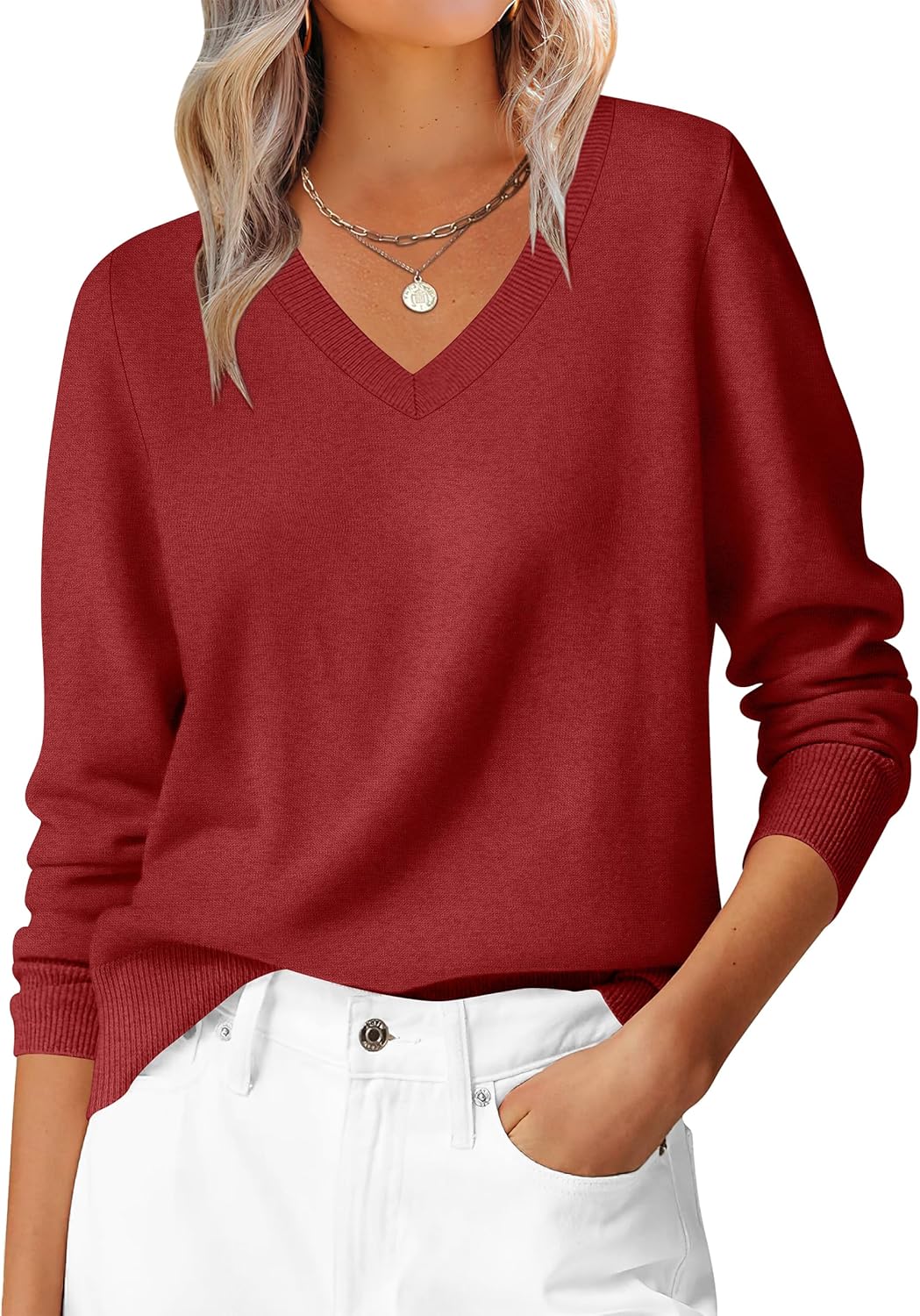 ANRABESS Womens Long Sleeve V Neck Sweaters 2025 Fall Casual Classic Soft Loose Fit Basic Pullover Jumper Top