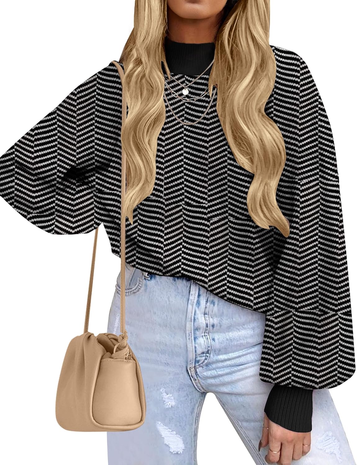 ZESICA Women's 2025 Fall Fashion Turtleneck Long Sleeve Striped Ribbed Knit Loose Pullover Sweater Tops