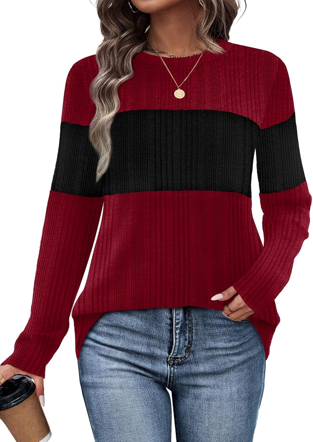 WIHOLL Womens Sweaters Trendy Color Block Tops Long Sleeve Shirts Fall Outfits Early Fall Fashion 2025 Winter Clothing