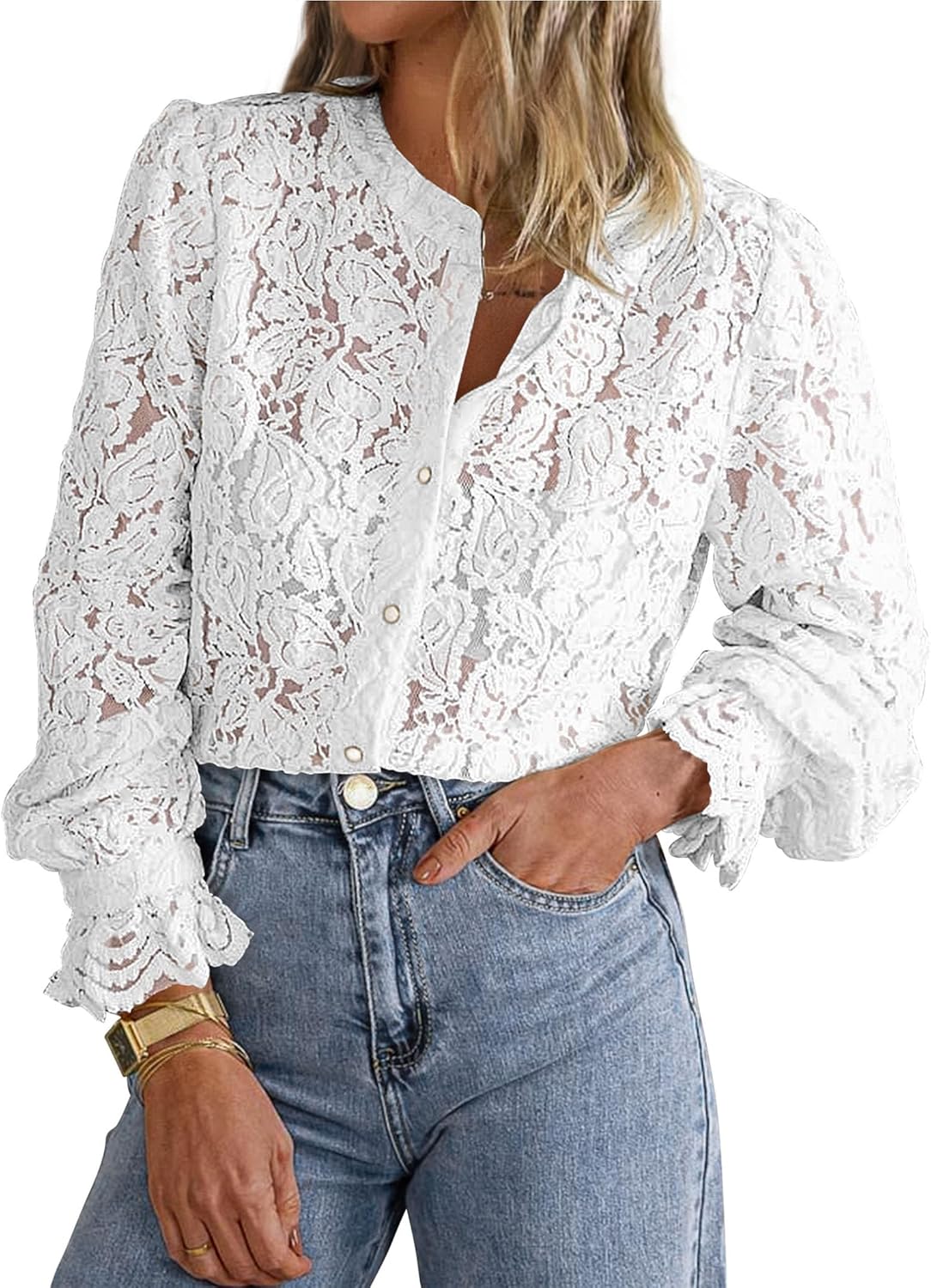 PRETTYGARDEN Women's Dressy Casual Lace Blouse Long Sleeve Button Up Shirts Tops Spring Fall Fashion Clothes
