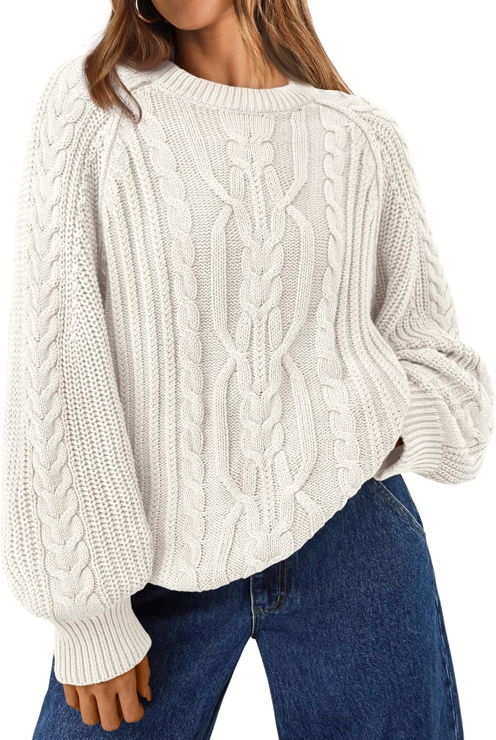 Trendy Queen Women's Oversized Cable Knit Crewneck Fall Pullover Sweaters