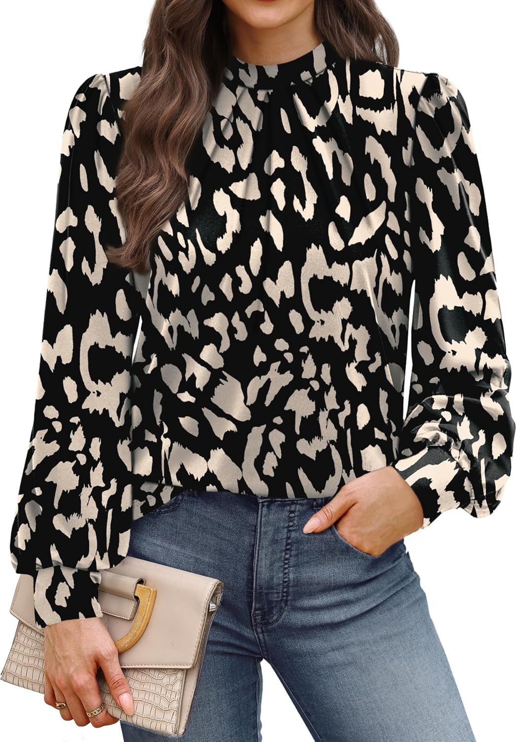 WIHOLL Long Sleeve Shirts for Women Mock Neck Tops Pleated Front Blouses Dressy Casual Fall Clothes 2025 Fashion