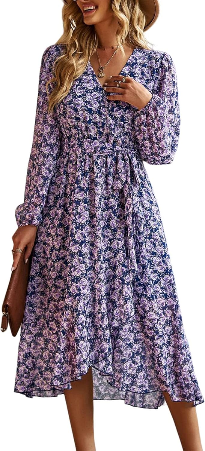 PRETTYGARDEN Women's Floral Boho Dress Fall Long Sleeve Wrap V Neck Ruffle Flowy Maxi Spring Wedding Guest Vacation Dresses