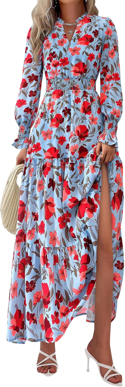PRETTYGARDEN Women's Floral Maxi Dress 2025 Fall Long Sleeve V Neck Casual A Line Long Flowy Boho Party Dresses