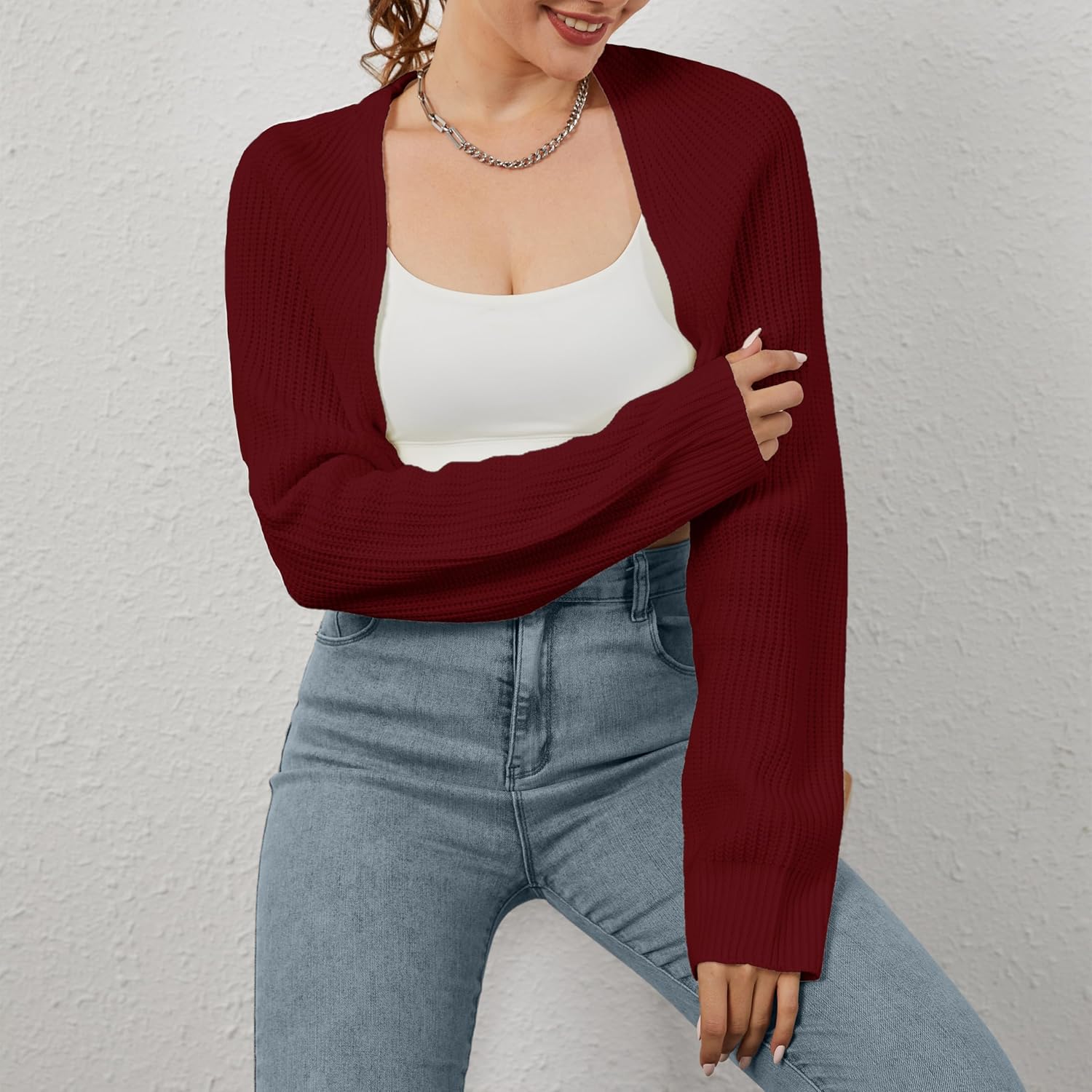 Women Open Front Ribbed Knit Crop Bolero Drop Shoulder Long Sleeve Solid Loose Fit Knitted Crop Cardigan Shrug