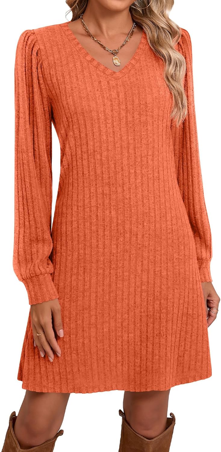 Ficerd Women's Knit Long Sleeve Sweater Dress Casual V Neck Tunic Dresses Fall Trendy Outfits