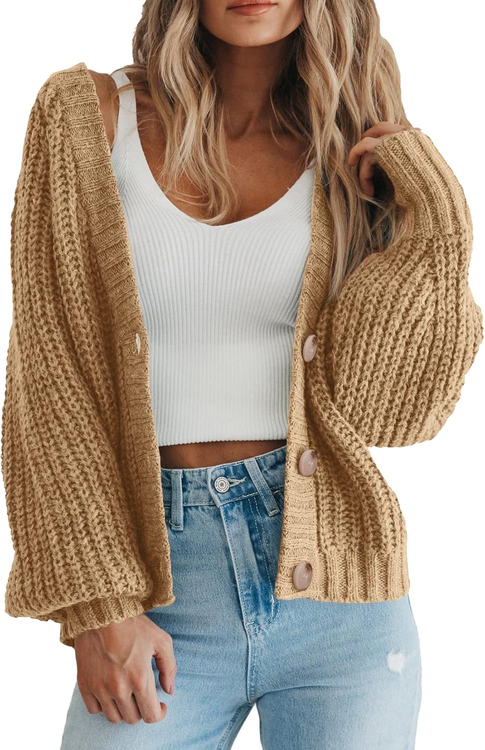PRETTYGARDEN Women's Chunky Knit Open Front Sweater Long Sleeve Button Loose Short Cardigan Outerwear Coats