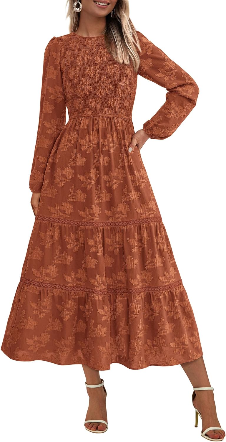 PRETTYGARDEN Long Sleeve Dress for Women 2025 Fall Elegant Modest Floral Boho Smocked Flowy Wedding Guest Midi Dresses