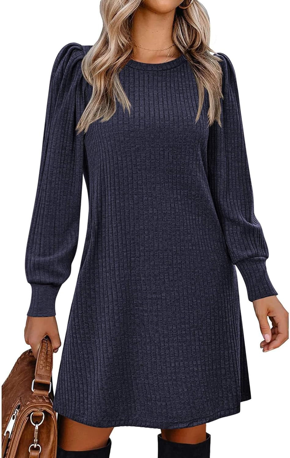 Zeagoo Women's Knit Dress with Puff Sleeves for Fall & Winter - Round Neck Casual Tunic Dress
