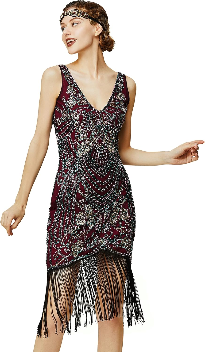 BABEYOND Flapper Dresses 1920s V Neck Beaded Fringed Great Gatsby Dress