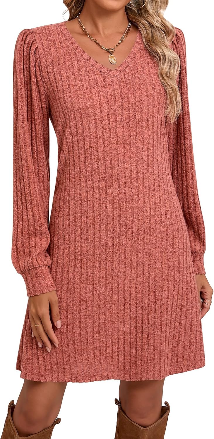 Ficerd Women's Knit Long Sleeve Sweater Dress Casual V Neck Tunic Dresses Fall Trendy Outfits