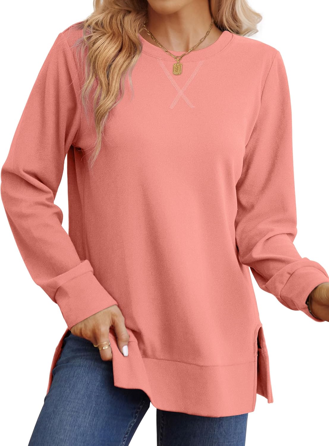 Saloogoe Sweatshirt for women Side Split Fall Fashion 2025 Long Sleeve Shirts Trending Now