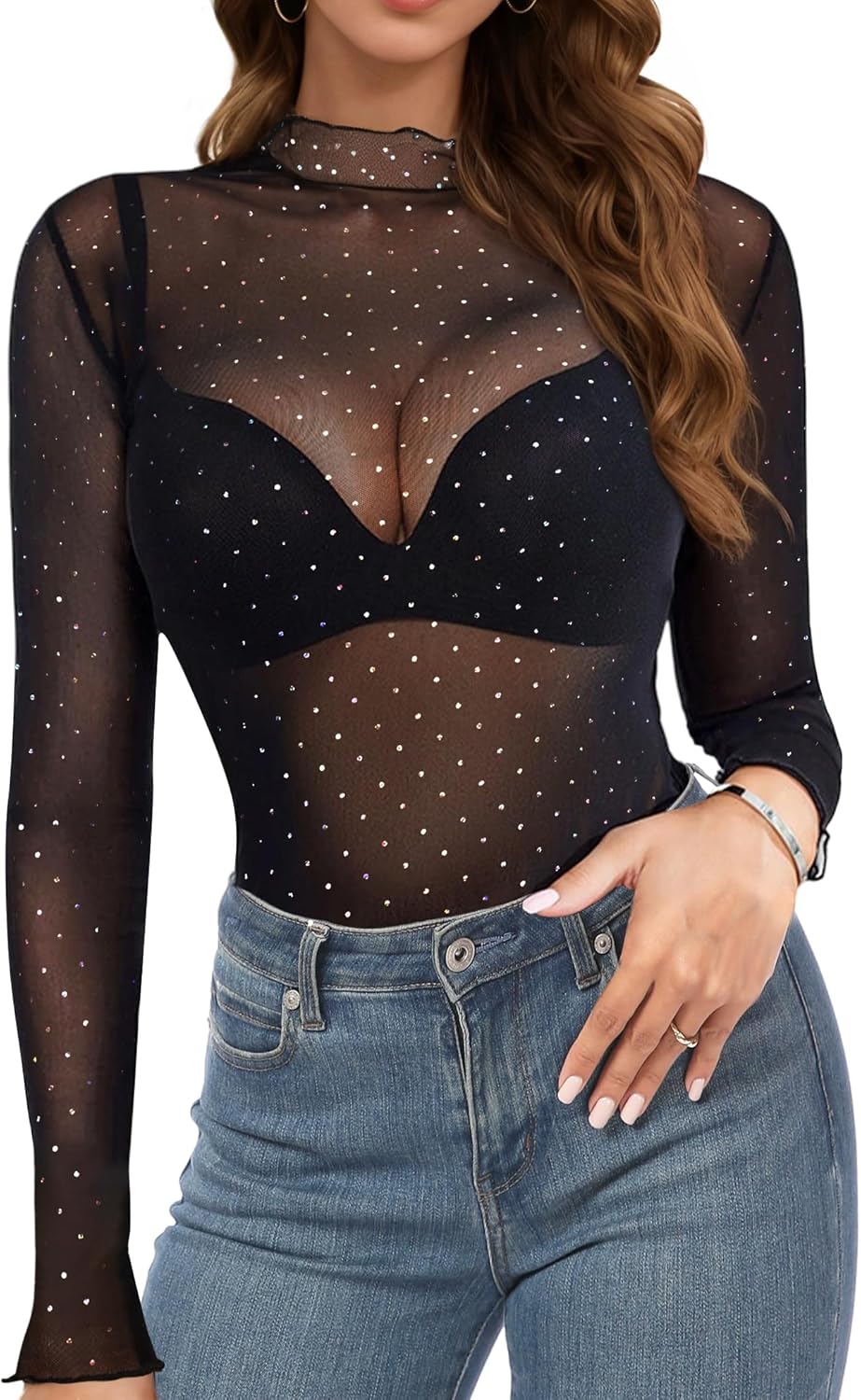Buauty Mesh Long Sleeve Top for Women, Lace Sheer Tops See Through Mock Neck Floral Embroidery Sheer Blouce Fishnet Shirt