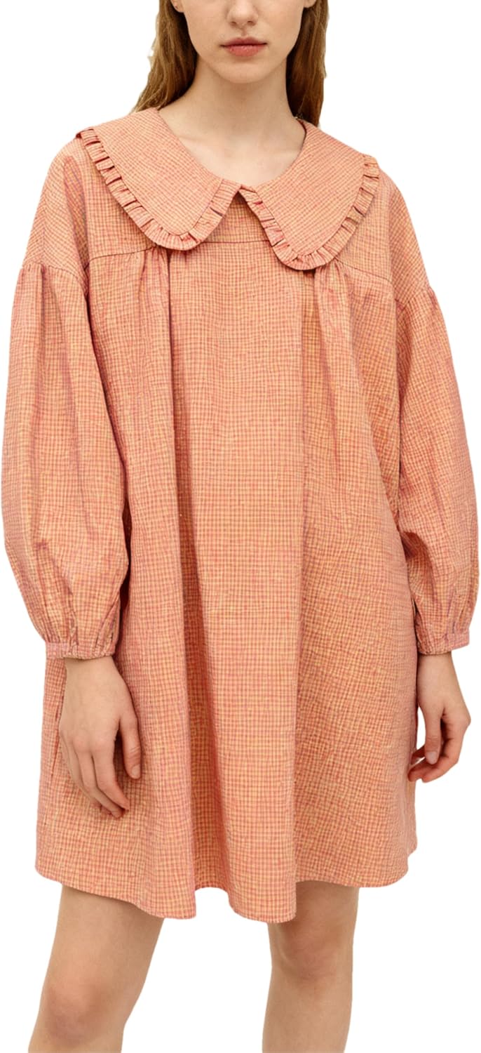 2025 Women's Babydoll 3/4 Puff Sleeve Plaid Mini Dress Lapel Doll Collar Loose Y2k Dress