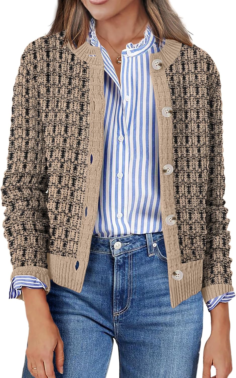 Zeagoo Women's 2025 Cardigan Sweaters Button Down Crew Neck Open Front Long Sleeve Knit Cropped Jackets