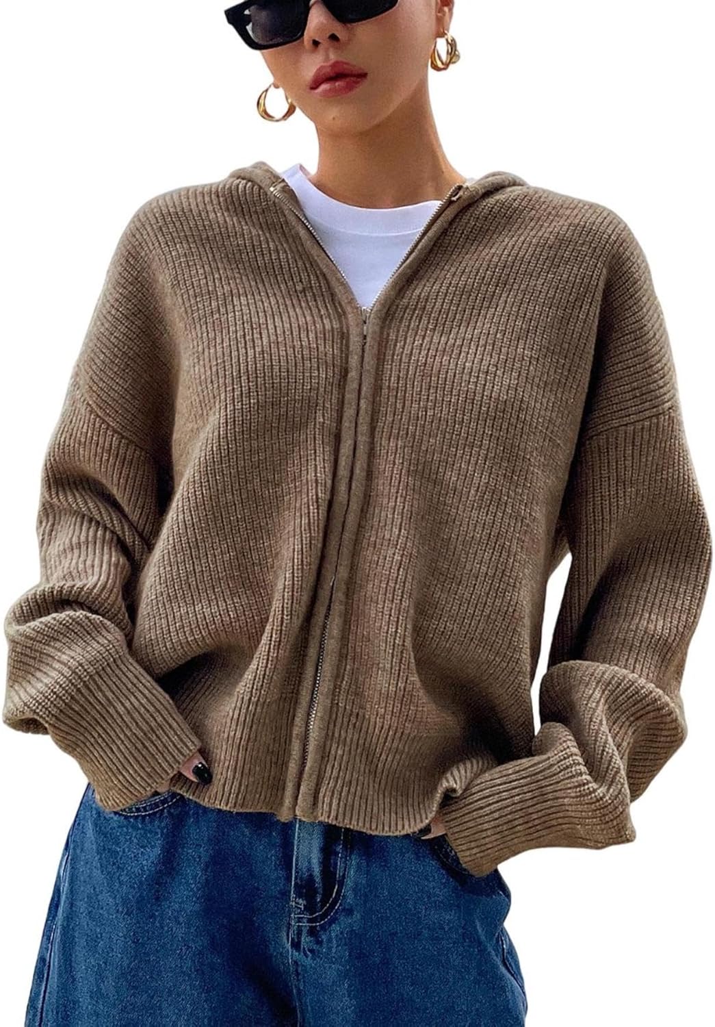 SOLY HUX Zip Up Cardigan for Women Hooded Cardigan Sweater Knitted Drop Shoulder Fall Clothes Winter Hoodies Outerwear