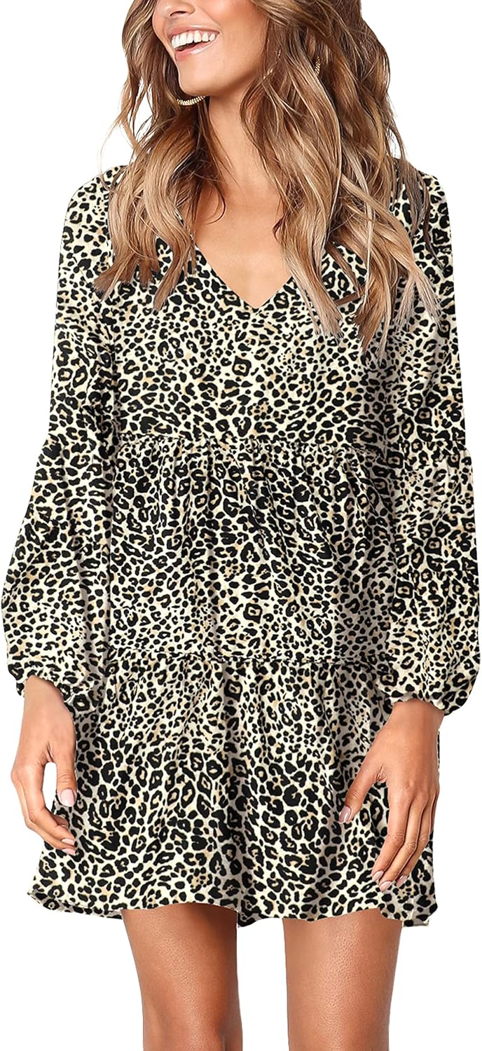 Amoretu Womens Tunic Dress Long Sleeve V Neck Casual Loose Flowy Swing Shift Dresses