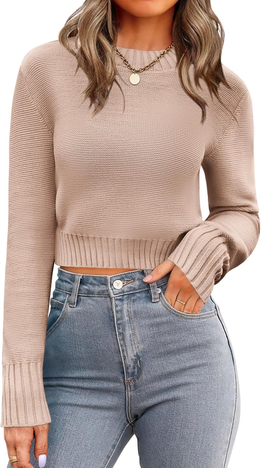 Zeagoo Women's 2025 Fall Crewneck Cropped Sweater Trendy Long Sleeve Ribbed Knit Pullover Jumper Tops