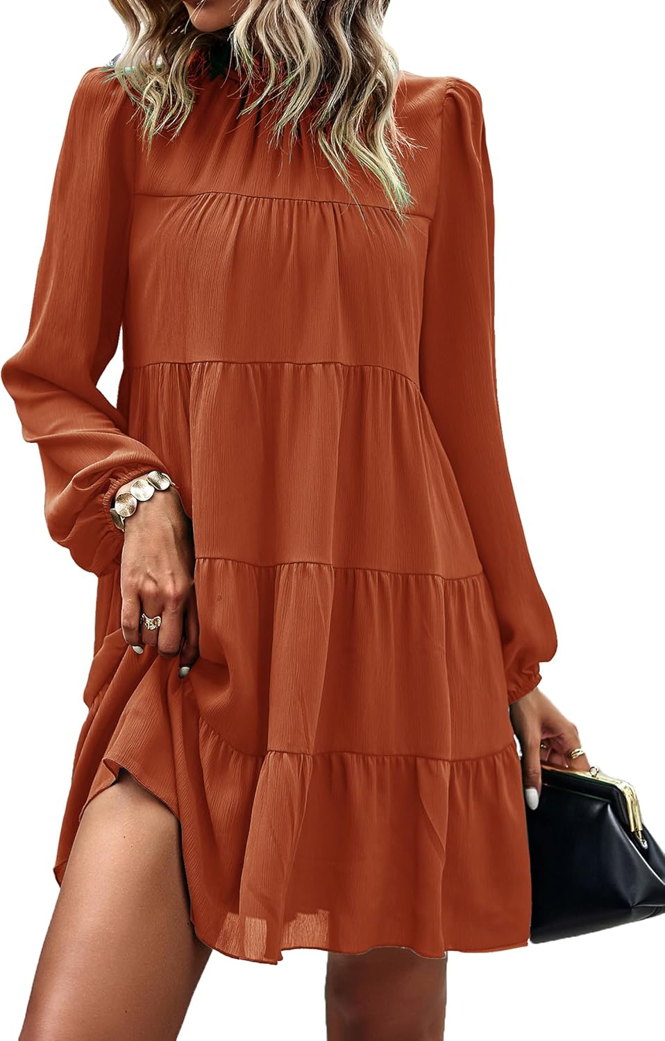 KIRUNDO Long Sleeve Baby Doll Dresses Women 2025 Casual Fall Winter Ruffle Mock Neck Tiered Mini Flowy Swing Shift Dress
