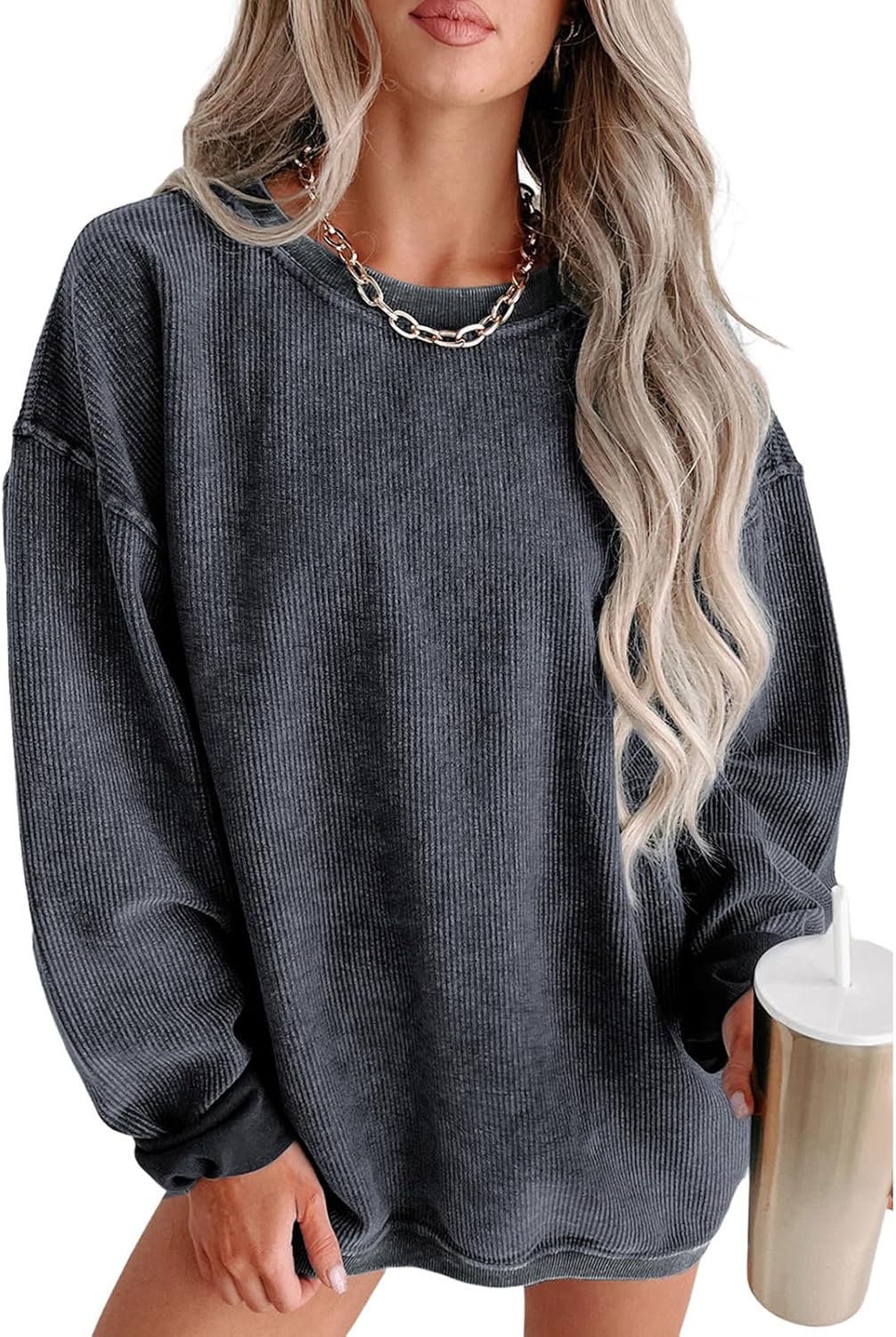 SELINK Womens Crewneck Oversized Corduroy Corded Sweatshirt Long Sleeve Casual Pullover Tops