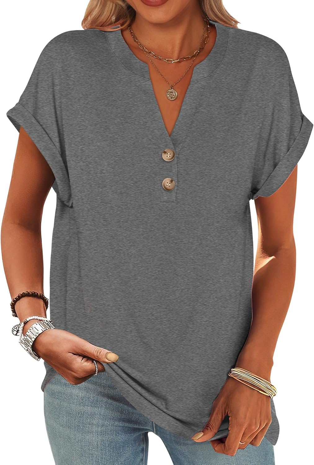 ANRABESS Womens Short Sleeve Henley Tops V Neck Dressy Casual Blouses Summer Trendy Tee Shirts 2025 Vacation Fashion Clothes