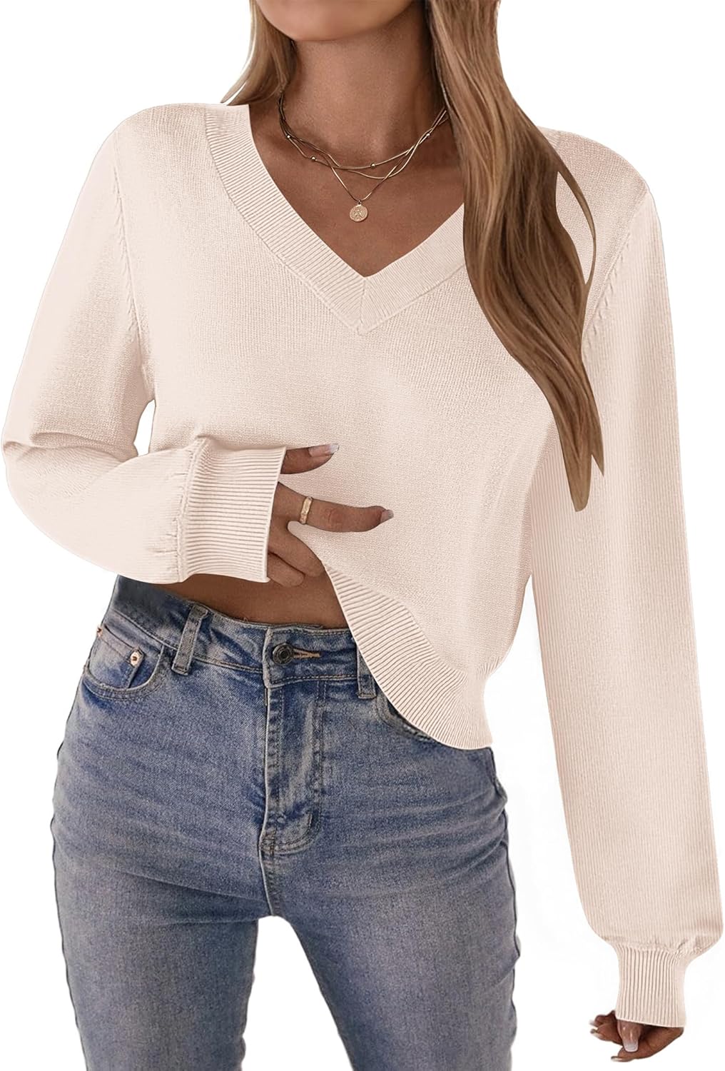 Zeagoo Women's 2025 Fall V-Neck Cropped Sweater Trendy Long Latern Sleeve Ribbed Knit Pullover Crop Tops