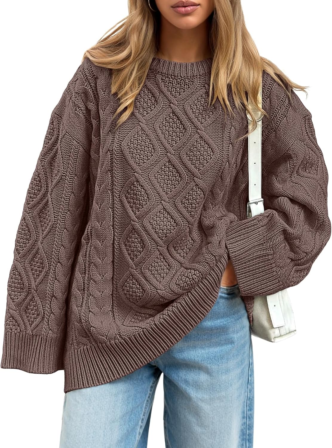 Trendy Queen Women's Oversized Cable Knit Crewneck Sweaters Cozy Winter Clothes