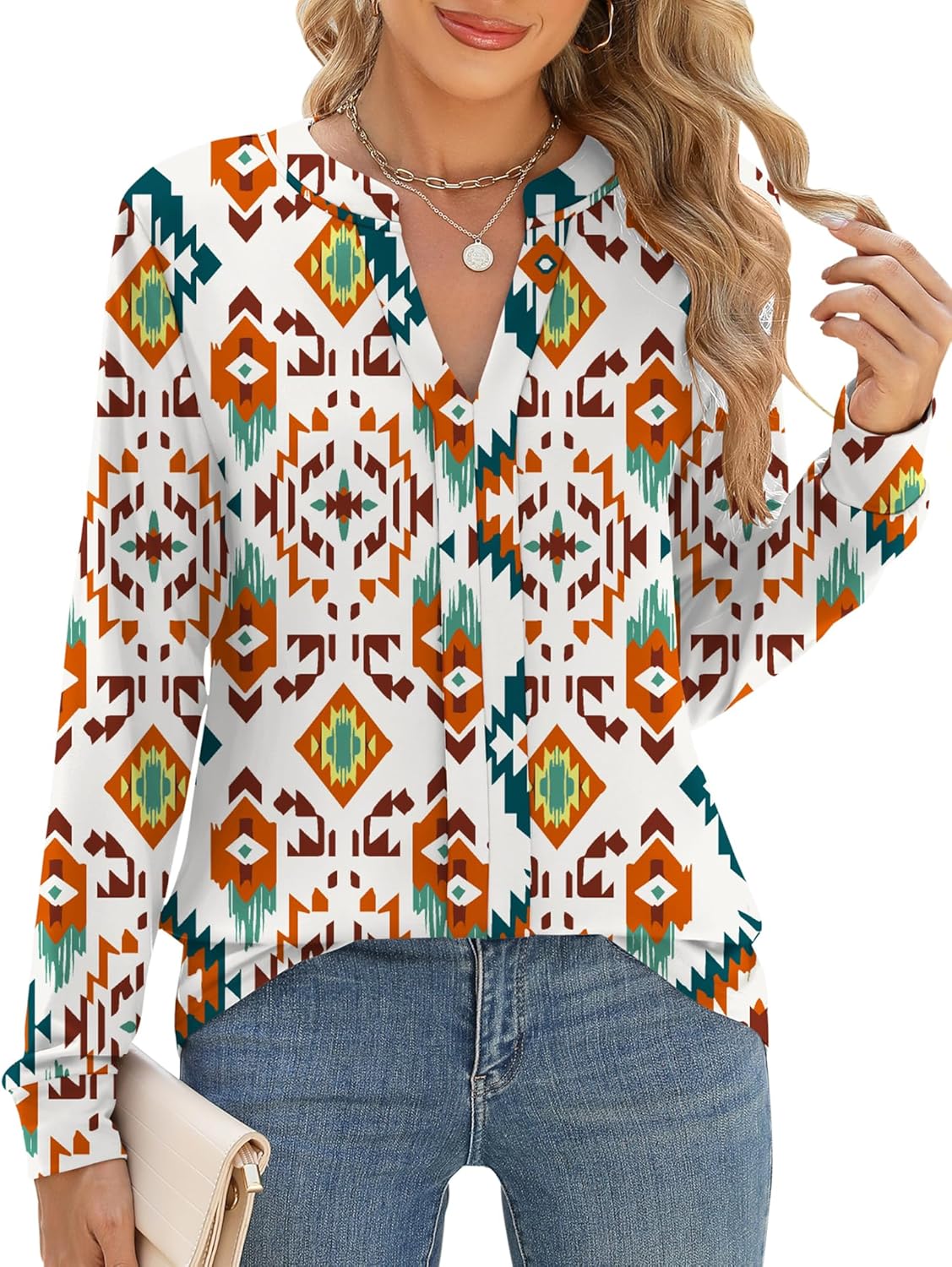 Micoson Womens Tops Dressy Casual Long Sleeve Business Knit T Shirts V Neck Pleated Work Blouses Loose Fall Trendy Clothes