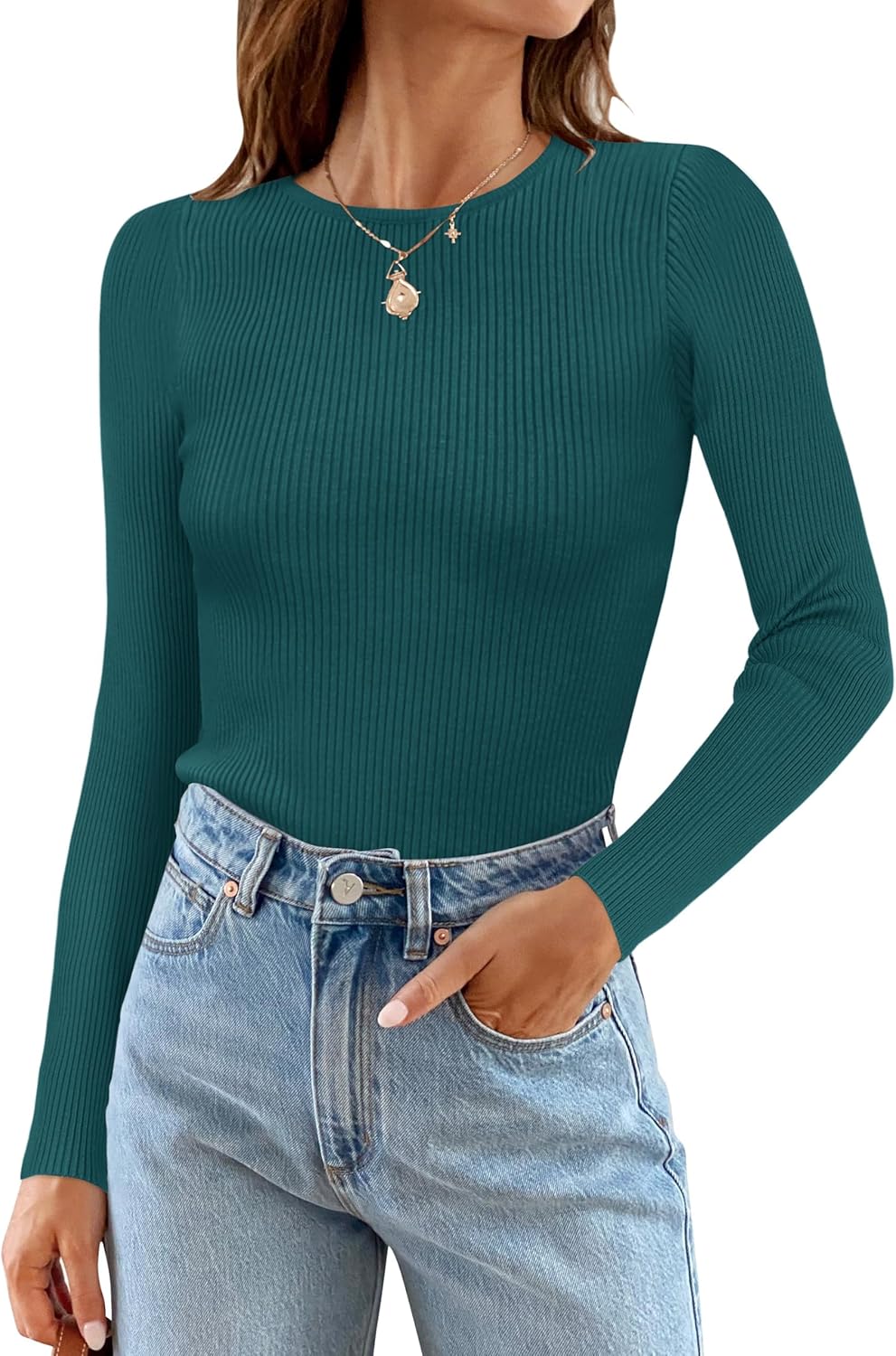 ZESICA Women's Long Sleeve Crewneck Shirts 2025 Fall Ribbed Knit Sweater Slim Fitted Casual Basic Tee Tops