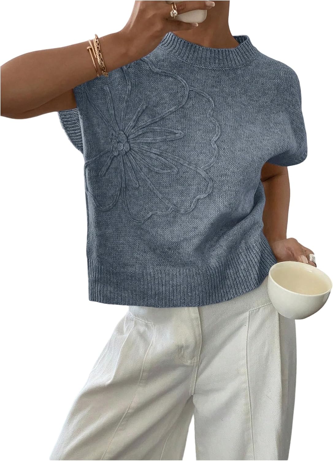 SOLY HUX Women's Ribbed Sweater Crew Neck Short Sleeve Loose Fit Floral Knit Pullover Tops