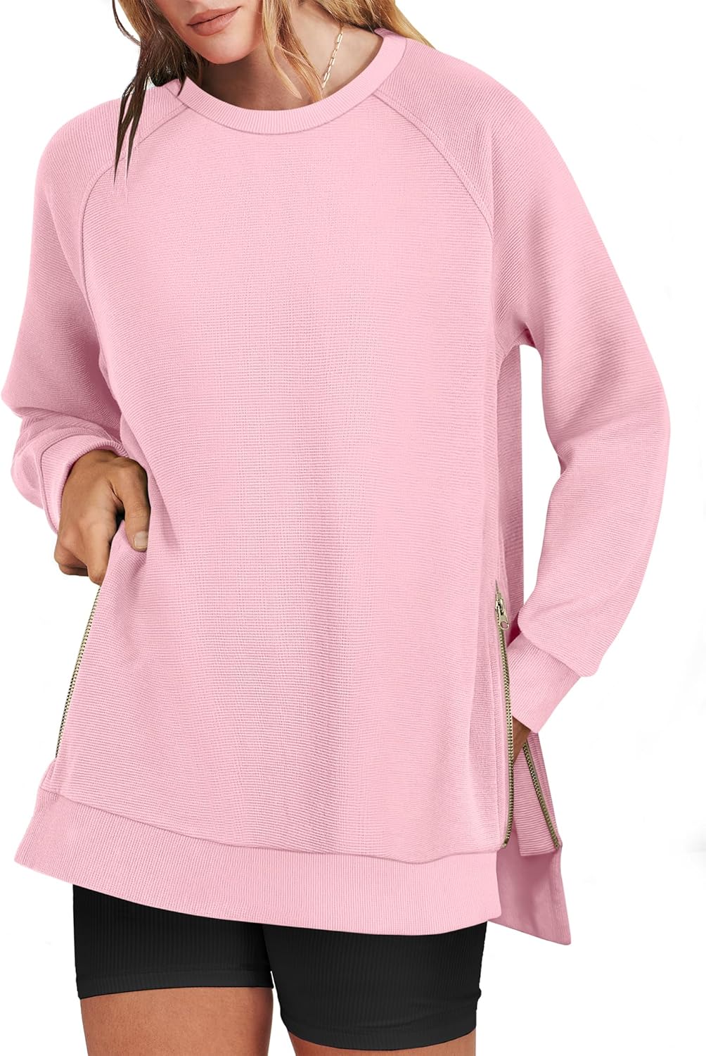 ANRABESS Women's Oversized Sweatshirts Crewneck Long Sleeve Tunic Pullover Shirts Side Zipper Hoodies 2025 Fall Clothes