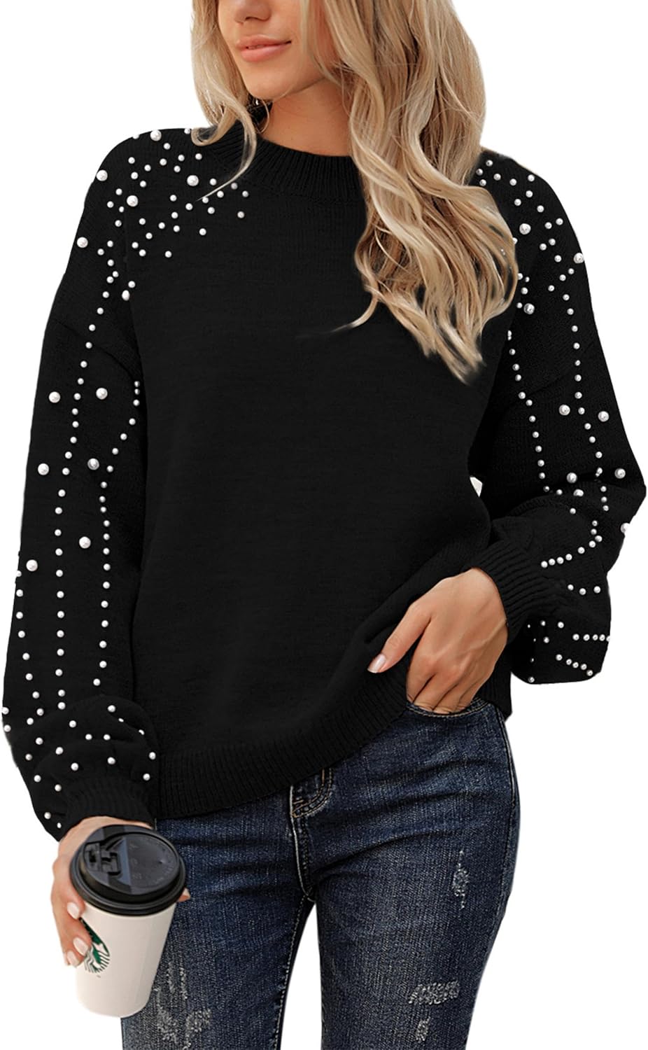Blooming Jelly Women's Chunky Sweater Crewneck Sweatshirt Knit Lantern Sleeve Oversized Pullover Sweater with Pearls