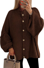 PRETTYGARDEN Women's Winter Button Down Cardigan Sweaters Mock Neck Lantern Long Sleeve Chunky Knit Jacket Trendy Outerwear