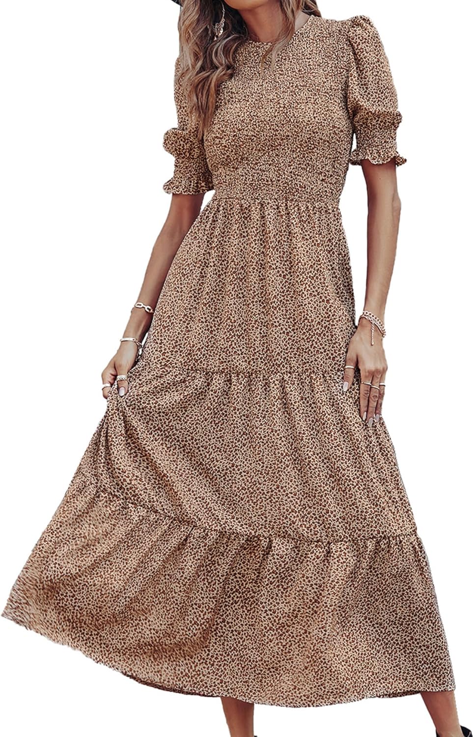 BTFBM Women Casual Summer Dresses 2025 Spring Crew Neck Ruffle Short Sleeve Floral Print Smocked Boho Flowy Maxi Dress