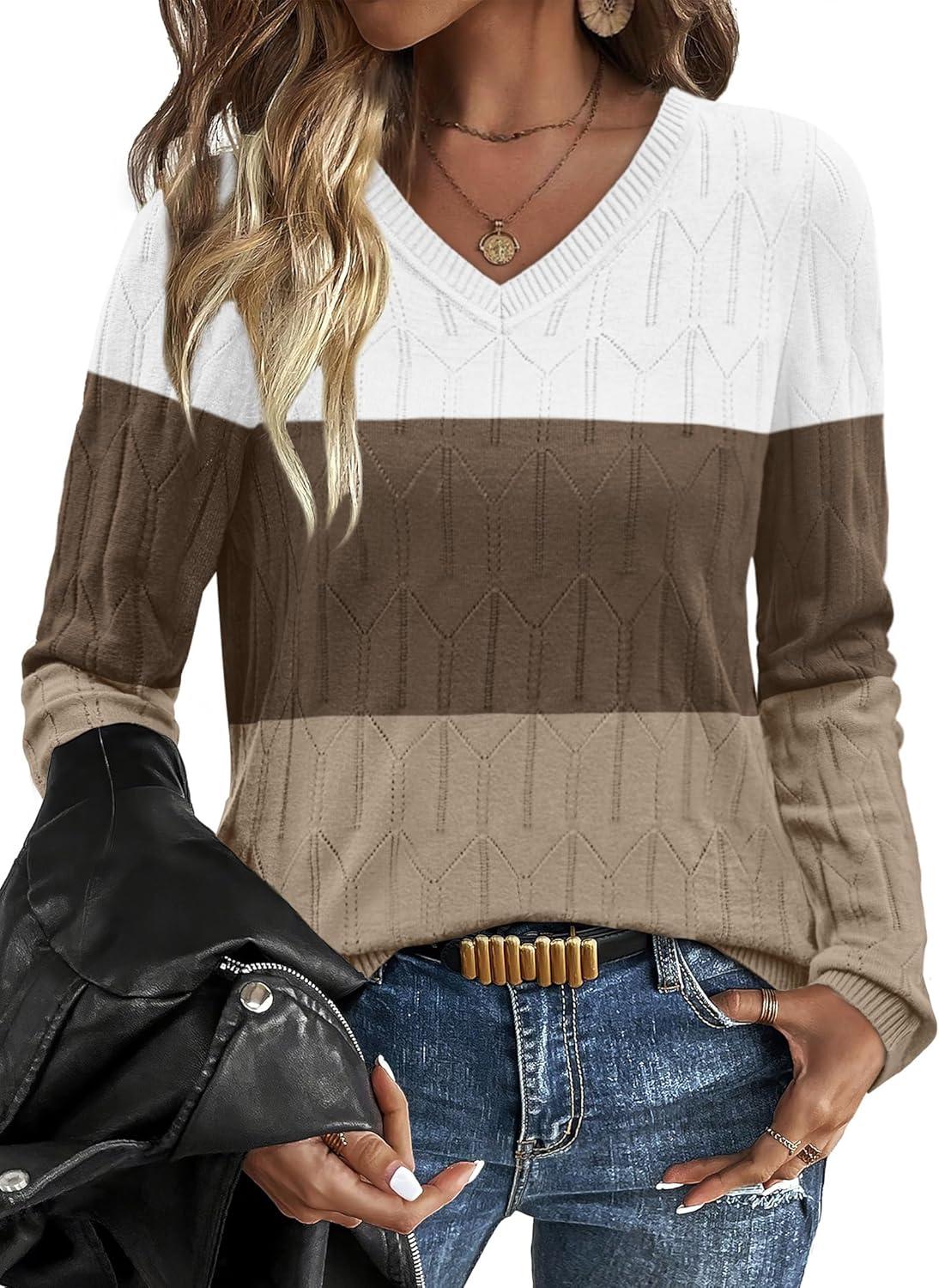 OFEEFAN Womens Sweaters Long Sleeve Shirts Fall Outfits 2025 V Neck Soft Knit Pullover Trendy Tops Dressy Casual Blouses