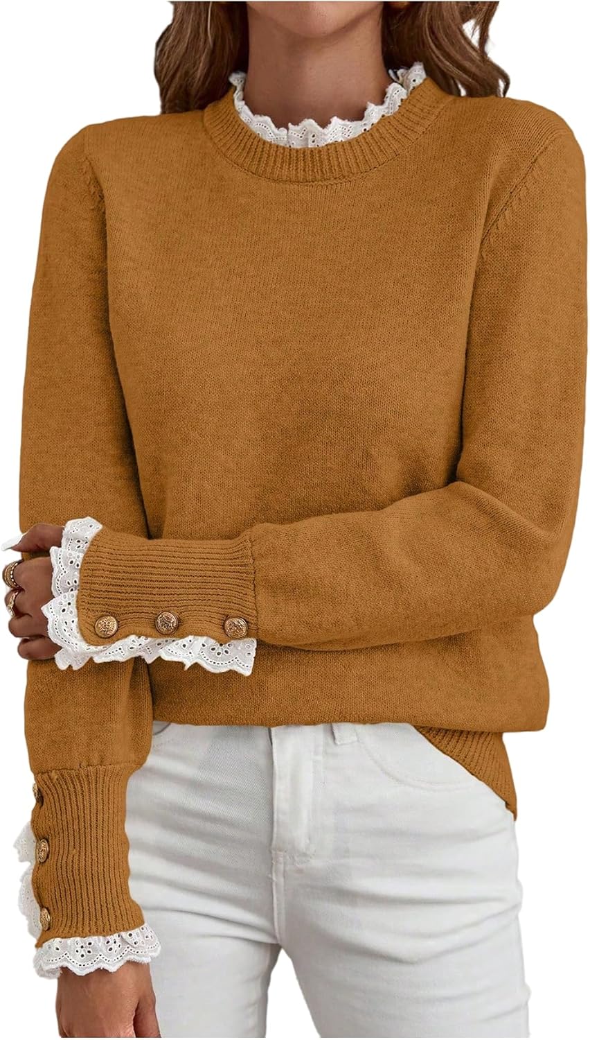 MakeMeChic Women's Fall Sweaters Lace Peplum Mock Neck Cozy Sweater Pullover