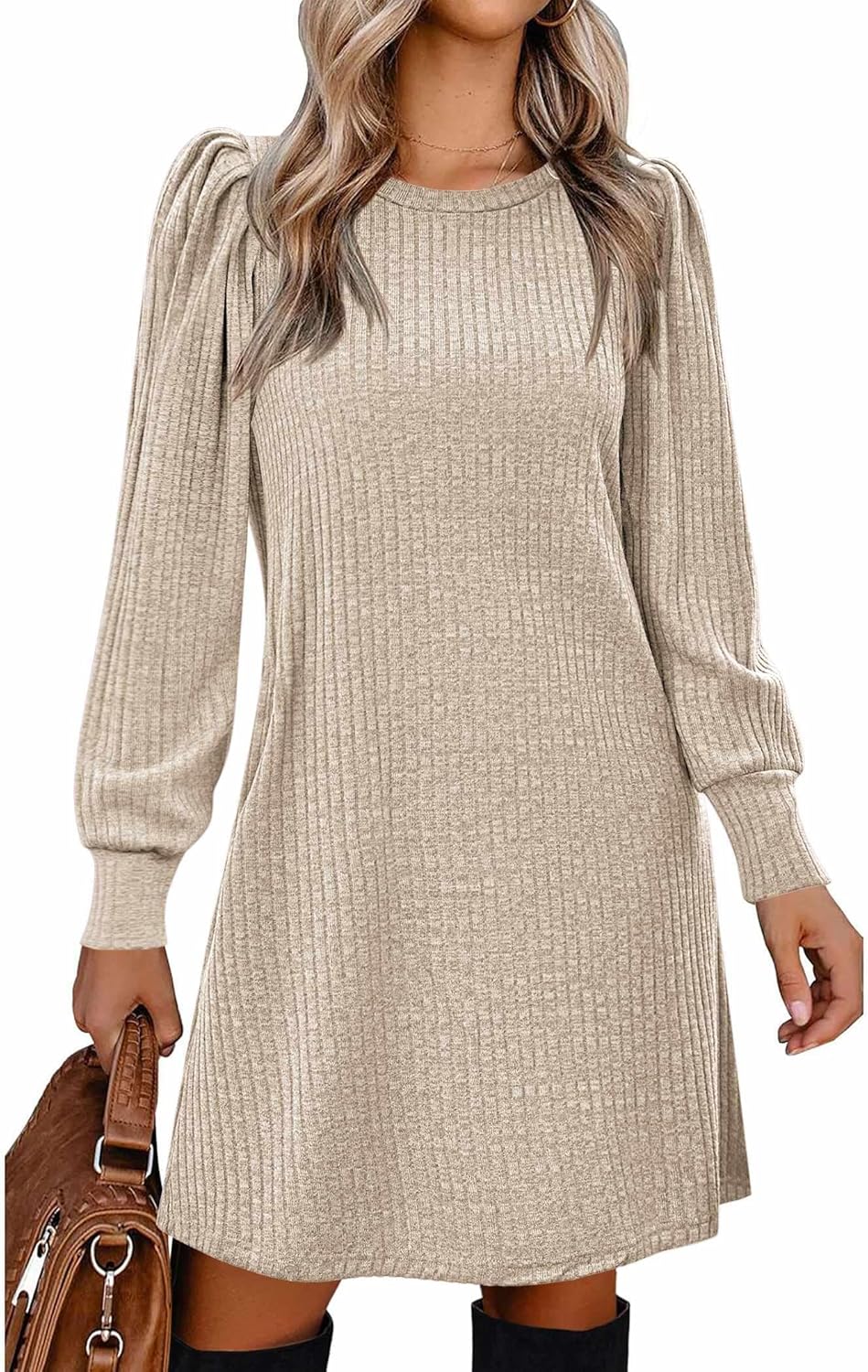 Zeagoo Women's Knit Dress with Puff Sleeves for Fall & Winter - Round Neck Casual Tunic Dress