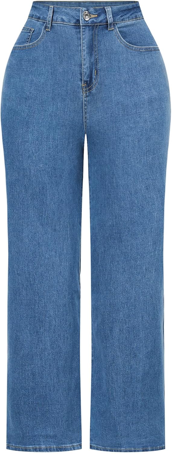 THUNDER STAR Womens High Waisted Wide Leg Jeans Stretchy Distressed Denim Pants
